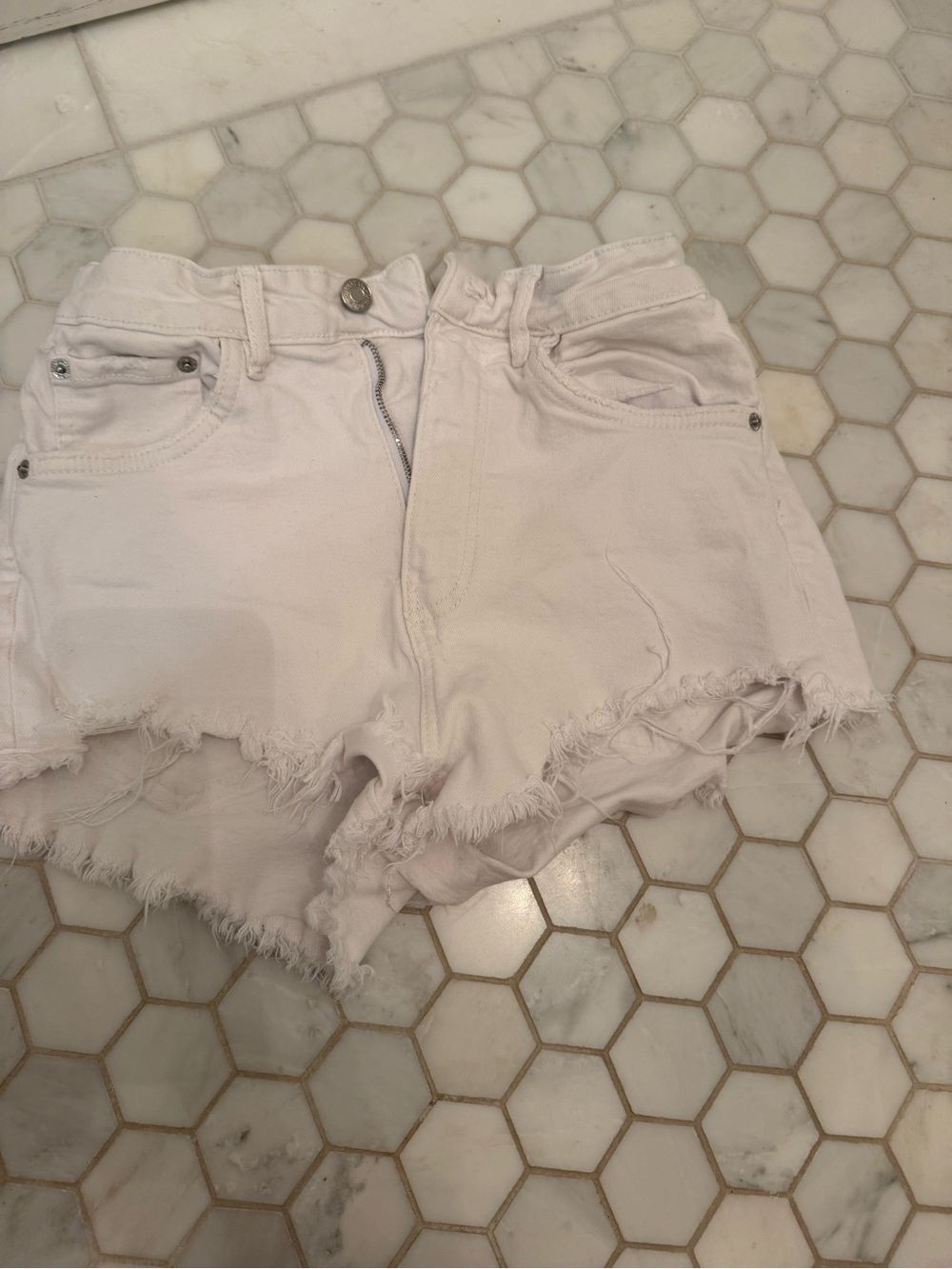 Zara High-Rise Frayed Hem White Denim Shorts